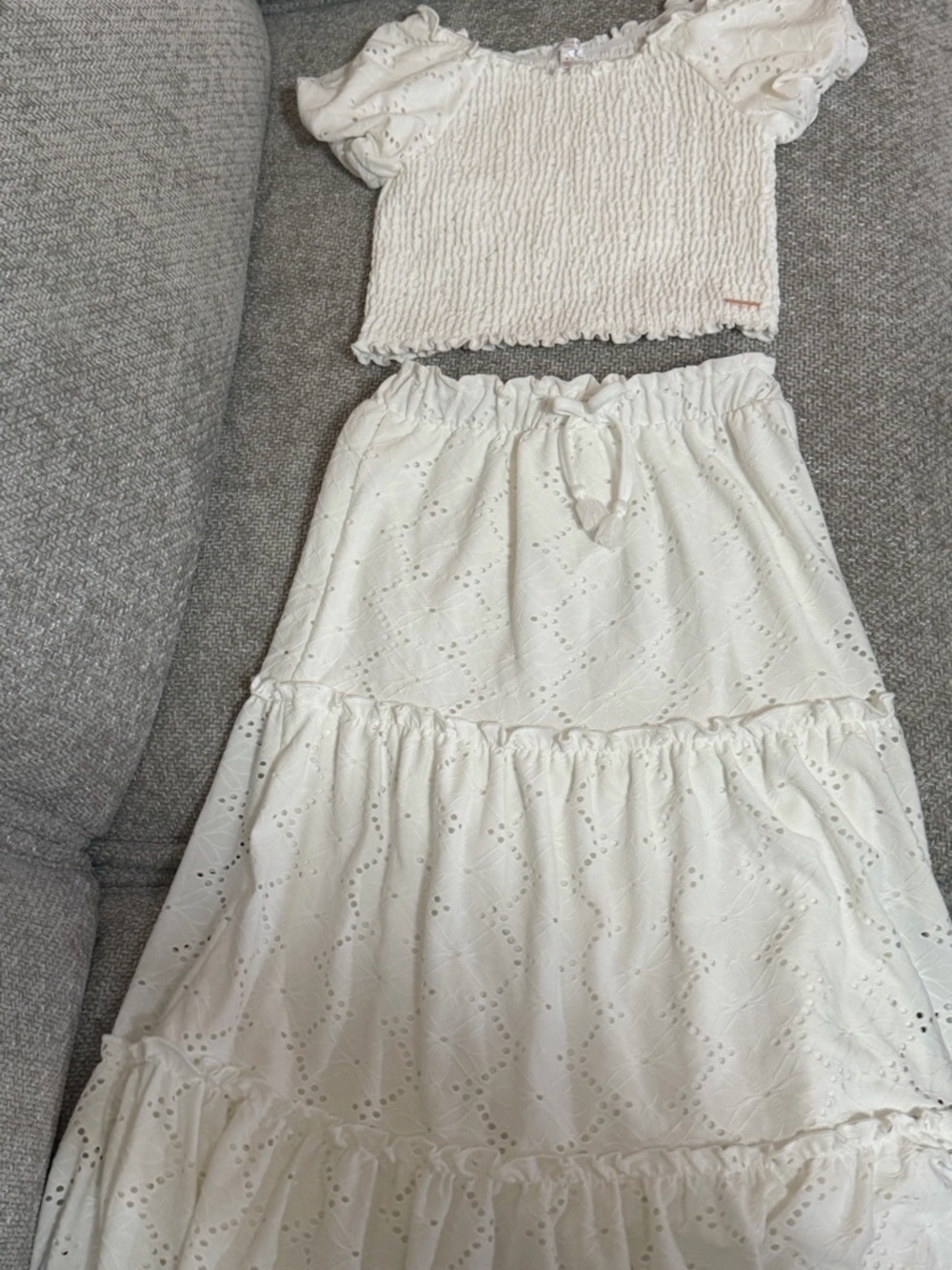 White Eyelet Tiered Maxi Skirt and Puff Sleeve Crop Top Set